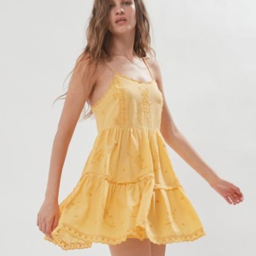 Urban Outfitters UO Hanna Embroidered Scalloped Babydoll Mini Dress in Yellow